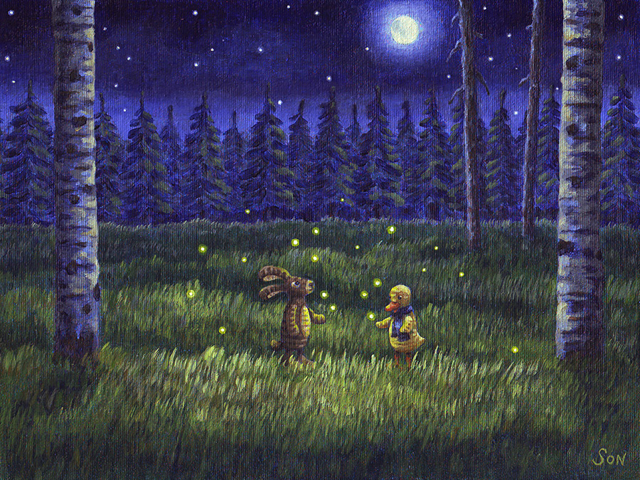 night painting forest fireflies